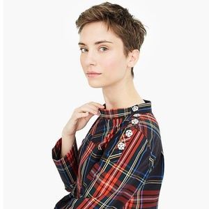 J Crew Stewart Plaid funnel neck shirt with jeweled buttons, size 12